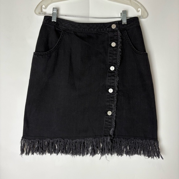 Anthropologie Pilcro Black Denim Fringe Button Up Skirt - Picture 2 of 6